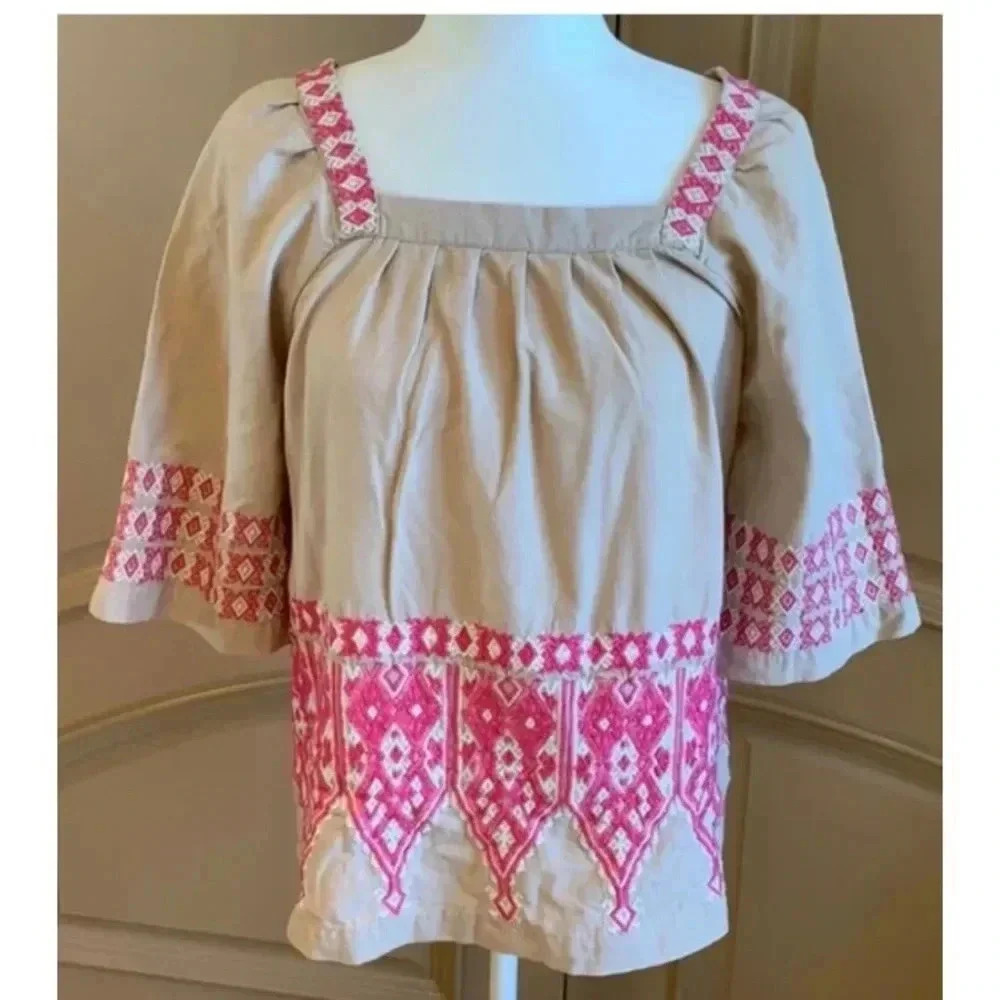 Women CALYPSO ST BARTH Tan Pink Embroidered S/s Boho Blouse Top Sz Medium EUC